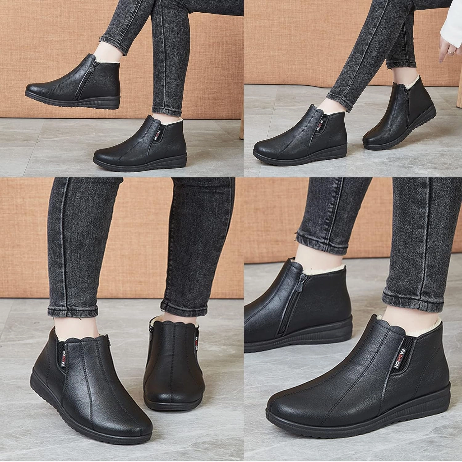 AUNTHUI Women'S Leather Fleece Wedge Cotton Ankle Boots,Side Zipper Warm Comfortable Mama Shoes,Waterproof Non-Slip Snow Boots