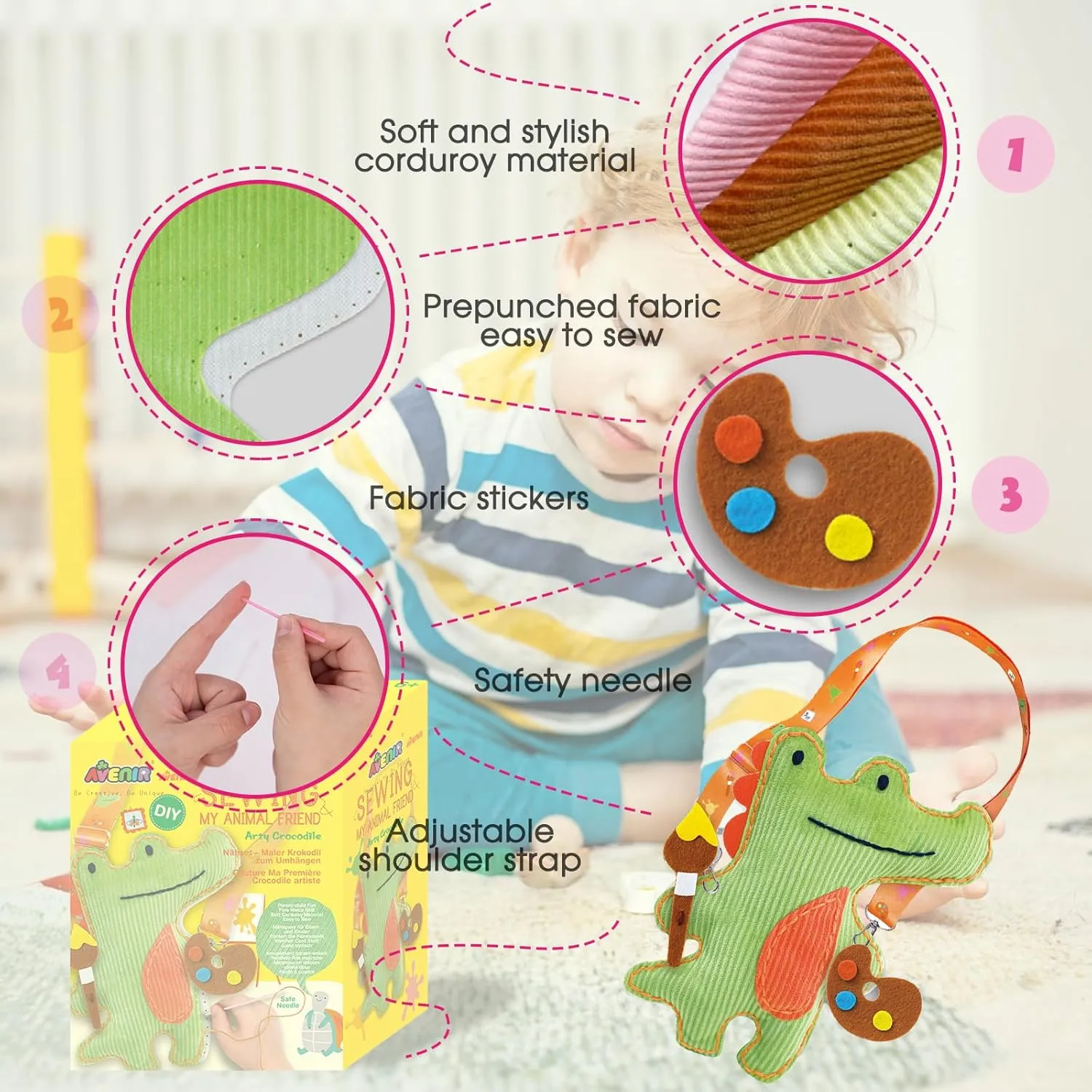 Avenir Animal Sewing Kit for Beginner Kids Arts & Crafts Soft Toy My First Sewing Kit Includes Arty Crocodile with Fun Shoulder for Learn to Sew, Age for 6 Years