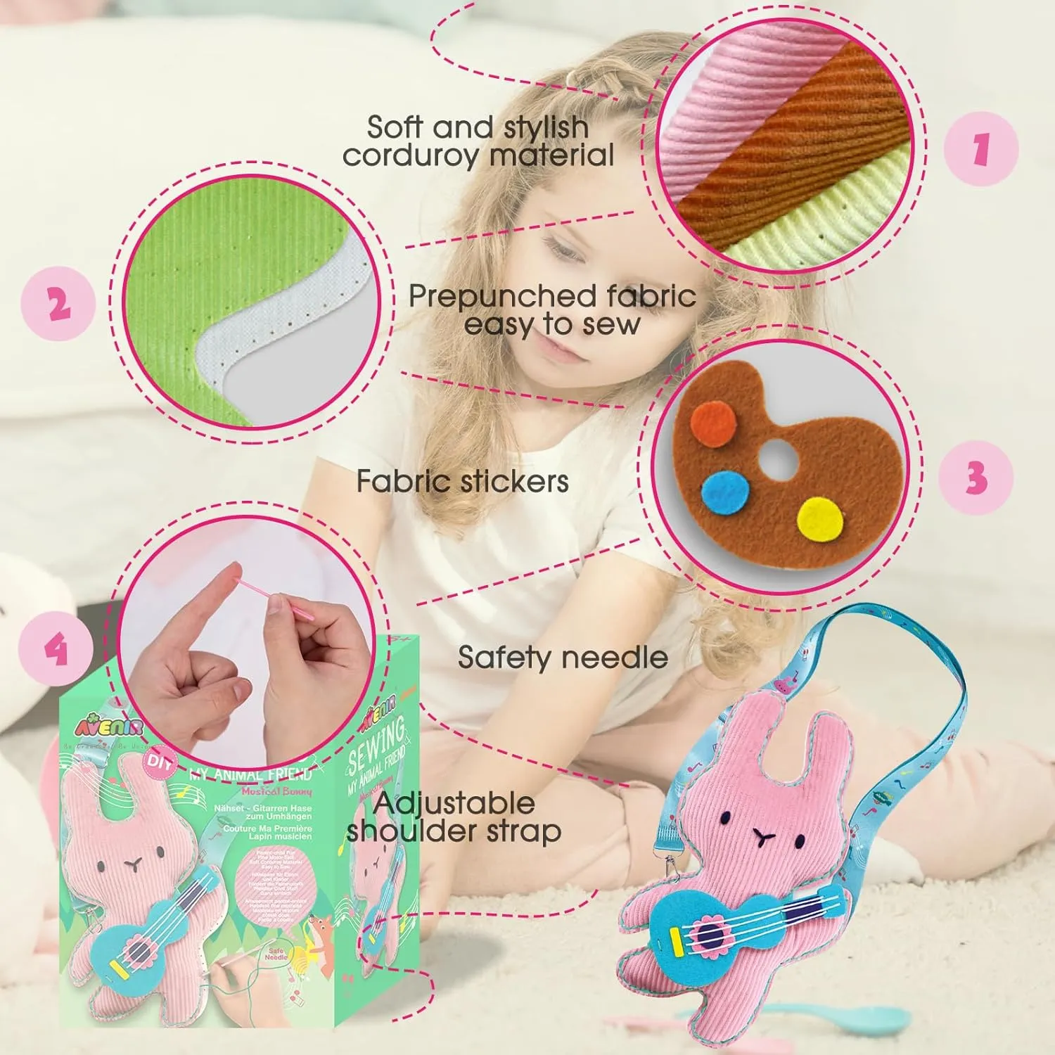 Avenir Animal Sewing Kit for Beginner Kids Arts & Crafts Soft Toy My First Sewing Kit Includes Muscial Bunny with Fun Shoulder Strap for Learn to Sew, Age for 6 Years