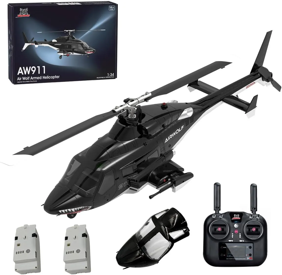 AW-911 Air-Wolf RC Helicopter, 1/34 Scale 2.4G 9CH Flybarless RC Helicopter Model with 3D Stunt Mode and GPS Flight Control System, Nose Accessories, Aircraft for Beginners(RTF Version)