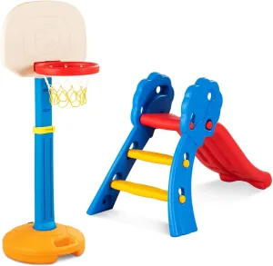 BABY JOY Folding Slide & Basketball Stand Set, Plastic Play Slide Climber, Basketball Hoop with Adjustable Height, Indoor Outdoor Portable for Toddler(Floral Rail   Basketball Stand)