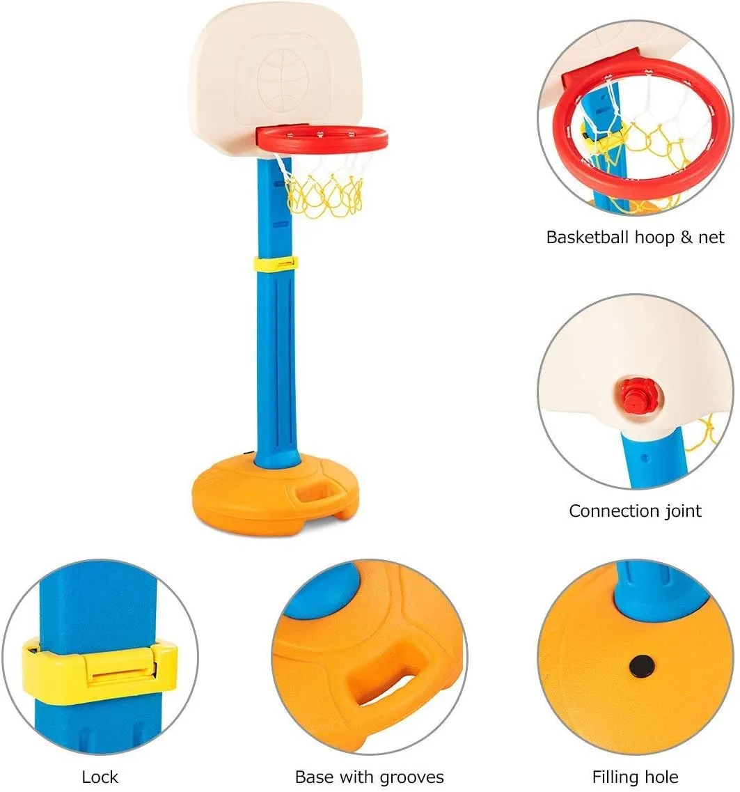 BABY JOY Folding Slide & Basketball Stand Set, Plastic Play Slide Climber, Basketball Hoop with Adjustable Height, Indoor Outdoor Portable for Toddler(Floral Rail   Basketball Stand)