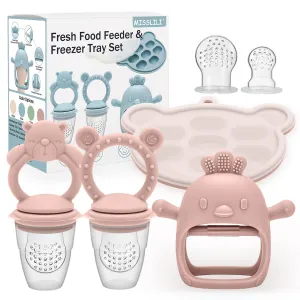 Baby Silicone Fruit Food Feeder Pacifier & Breastmilk Popsicle Freezer Molds,BPA Free Baby Food Storage Containers Frozen Ice Tray for Baby Feeding Safely, Infant Fruit Teething Toy (Pink)