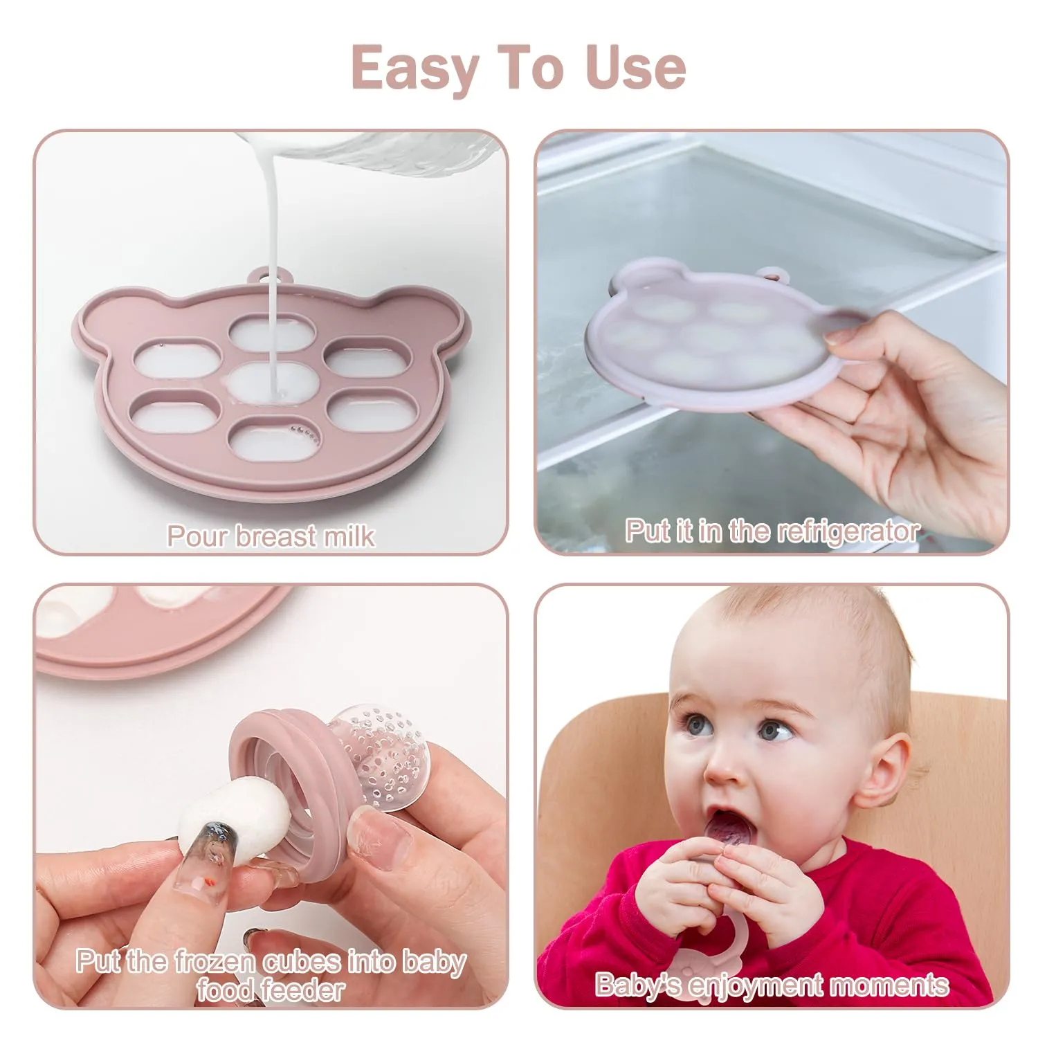 Baby Silicone Fruit Food Feeder Pacifier & Breastmilk Popsicle Freezer Molds,BPA Free Baby Food Storage Containers Frozen Ice Tray for Baby Feeding Safely, Infant Fruit Teething Toy (Pink)
