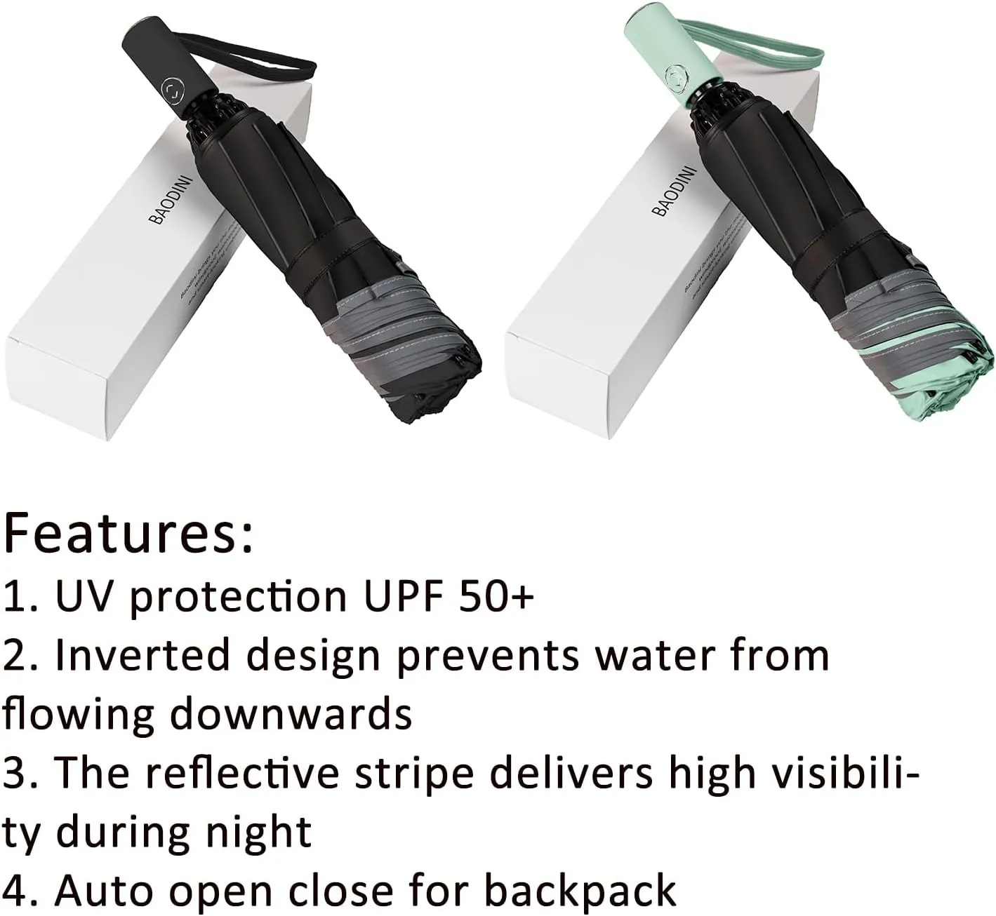 BAODINI Inverted UV Umbrella for Rain and Sun Medium Size UPF 50  Rverse Compact Umbrella Auto Open Close