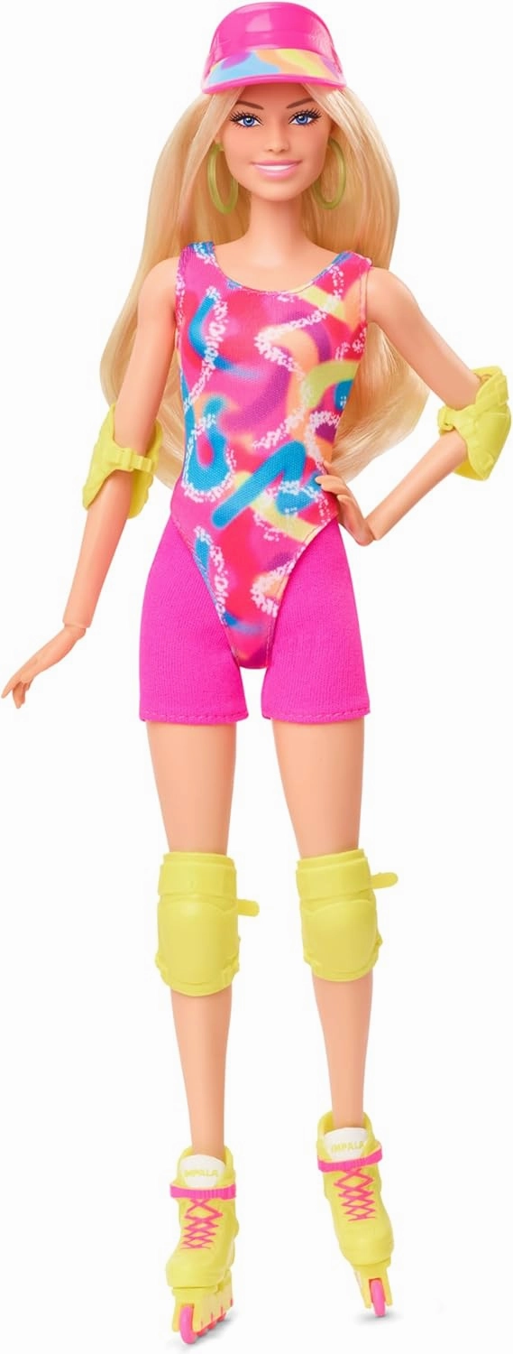 Barbie The Movie Margot Robbie - Skating Doll with Neon Outfit, Retro Gymnastics Suit, Pink Biker Shorts, Sun Shield, Neon Green Hoop Earrings, Skating Equipment, Impala Inline Skates, HRB04