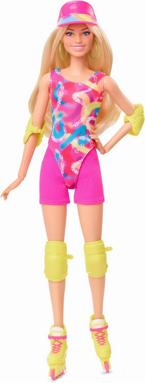 Barbie The Movie Margot Robbie - Skating Doll with Neon Outfit, Retro Gymnastics Suit, Pink Biker Shorts, Sun Shield, Neon Green Hoop Earrings, Skating Equipment, Impala Inline Skates, HRB04