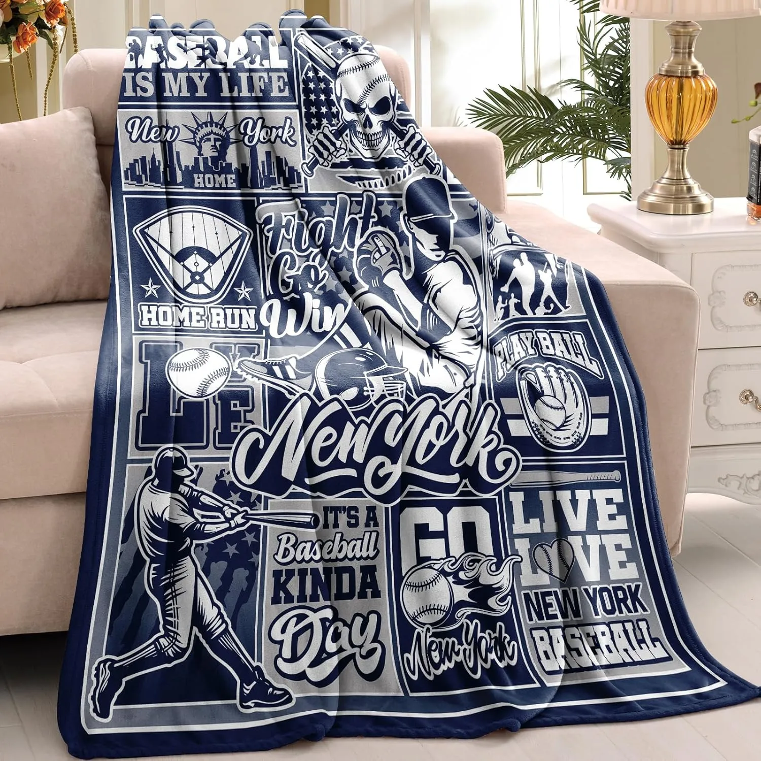 Baseball Blanket Throws, Team Color Blanket for Gift, Gifts for Men Women Baseball Lovers, Lightweight Soft Flannel Baseball Blankets 60"x50" New York
