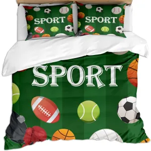 Baseball Football Basketball Duvet Cover, Green Grassland Printed 3 Piece Bedding Sets Microfiber Sports Theme Quilt Cover for Kids Adults Comforter Cover with 2 Pillowcases(King 104" X 90")
