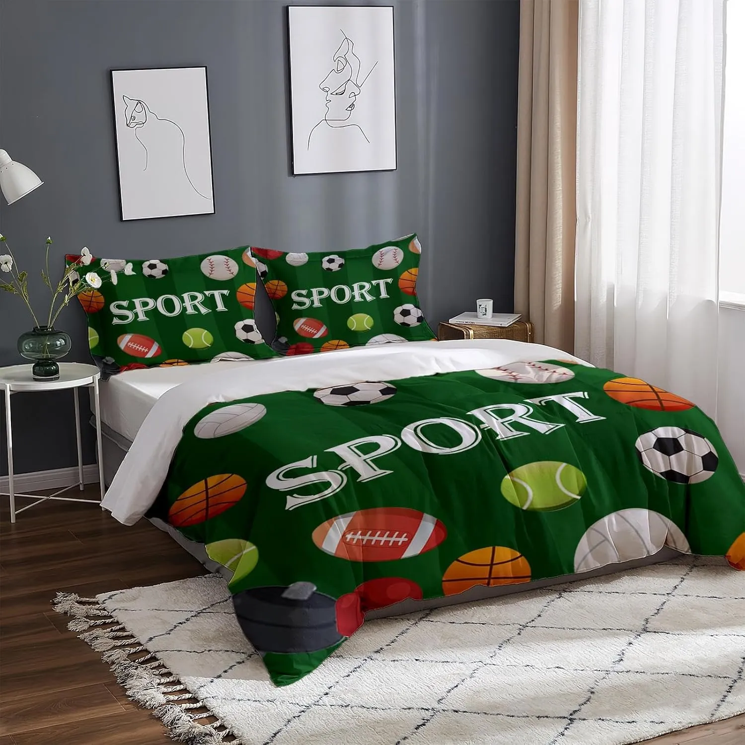 Baseball Football Basketball Duvet Cover, Green Grassland Printed 3 Piece Bedding Sets Microfiber Sports Theme Quilt Cover for Kids Adults Comforter Cover with 2 Pillowcases(King 104" X 90")
