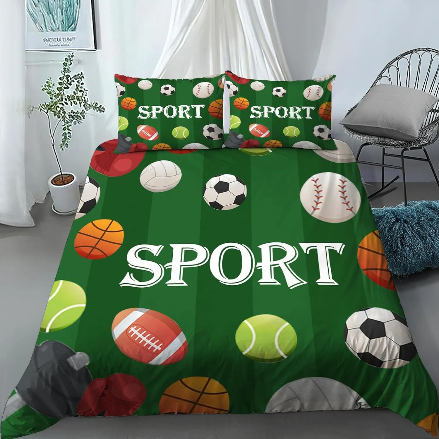 Baseball Football Basketball Duvet Cover, Green Grassland Printed 3 Piece Bedding Sets Microfiber Sports Theme Quilt Cover for Kids Adults Comforter Cover with 2 Pillowcases(King 104" X 90")