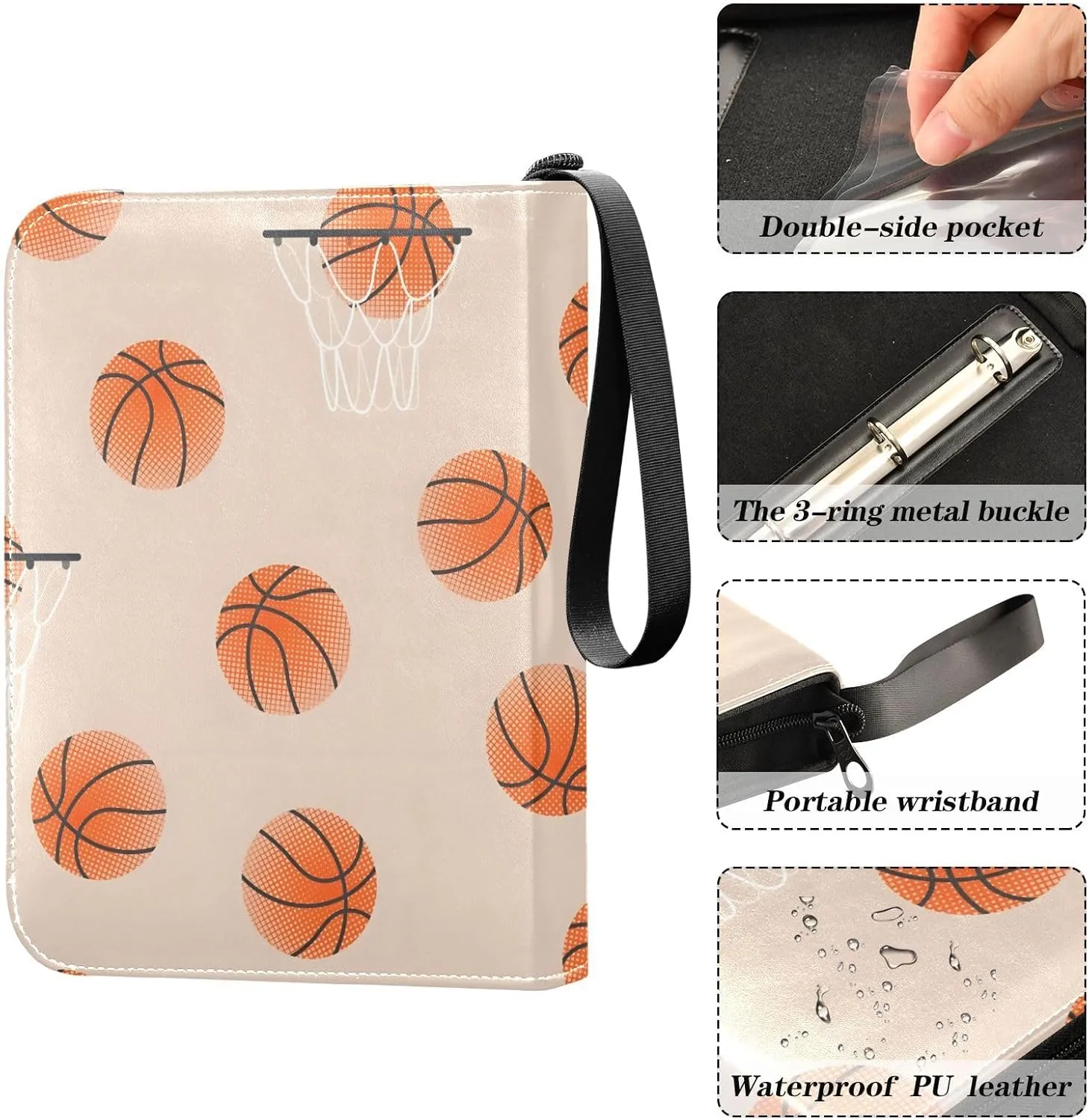 Basketball Balls Hoop Texture Trading Card Storage Binder 4-Pocket Photocard Binder Fits 400 Cards for Baseball Card, Football Card
