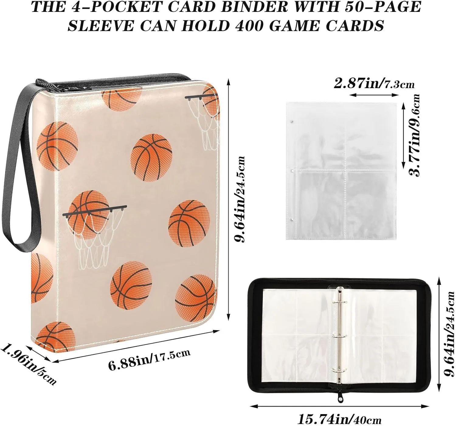 Basketball Balls Hoop Texture Trading Card Storage Binder 4-Pocket Photocard Binder Fits 400 Cards for Baseball Card, Football Card