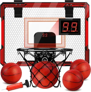 Basketball Hoop Indoor for Kids, Over The Door Basketball Hoops with LED Lighting & Audio Scoreboard, Mini Basketball Hoop Basketball Toys Gifts for 5 6 7 8 9 10 11 12 Year Old Boys Girls (Red)