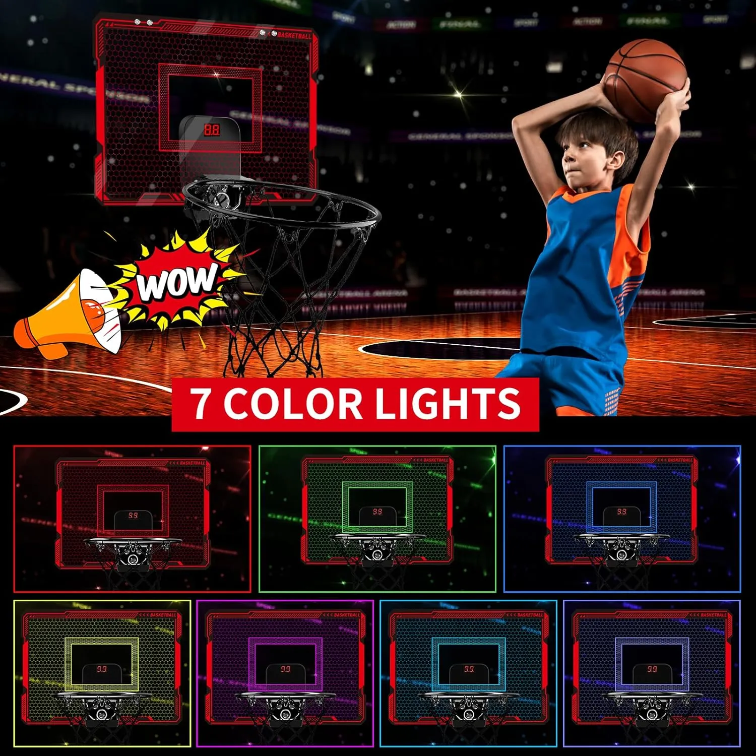 Basketball Hoop Indoor for Kids, Over The Door Basketball Hoops with LED Lighting & Audio Scoreboard, Mini Basketball Hoop Basketball Toys Gifts for 5 6 7 8 9 10 11 12 Year Old Boys Girls (Red)