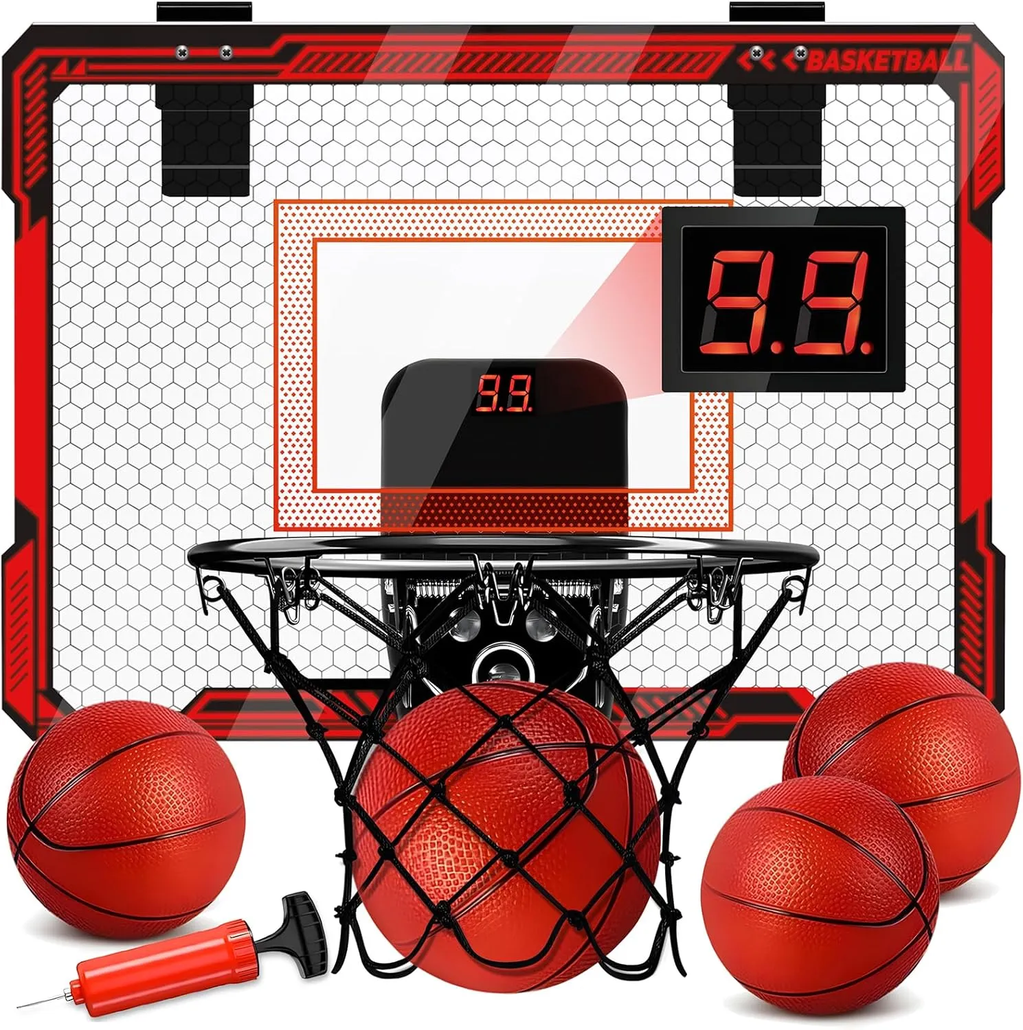 Basketball Hoop Indoor for Kids, Over The Door Basketball Hoops with LED Lighting & Audio Scoreboard, Mini Basketball Hoop Basketball Toys Gifts for 5 6 7 8 9 10 11 12 Year Old Boys Girls (Red)