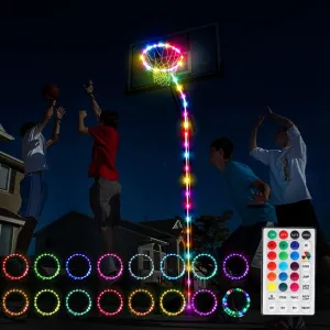 Basketball Hoop Lights Waterproof Remote Control Basketball Rim & Pole LED Light 16 Colors 7 Lighting Modes for Kids Basketball Gift - 2 Pack (14.7FT)