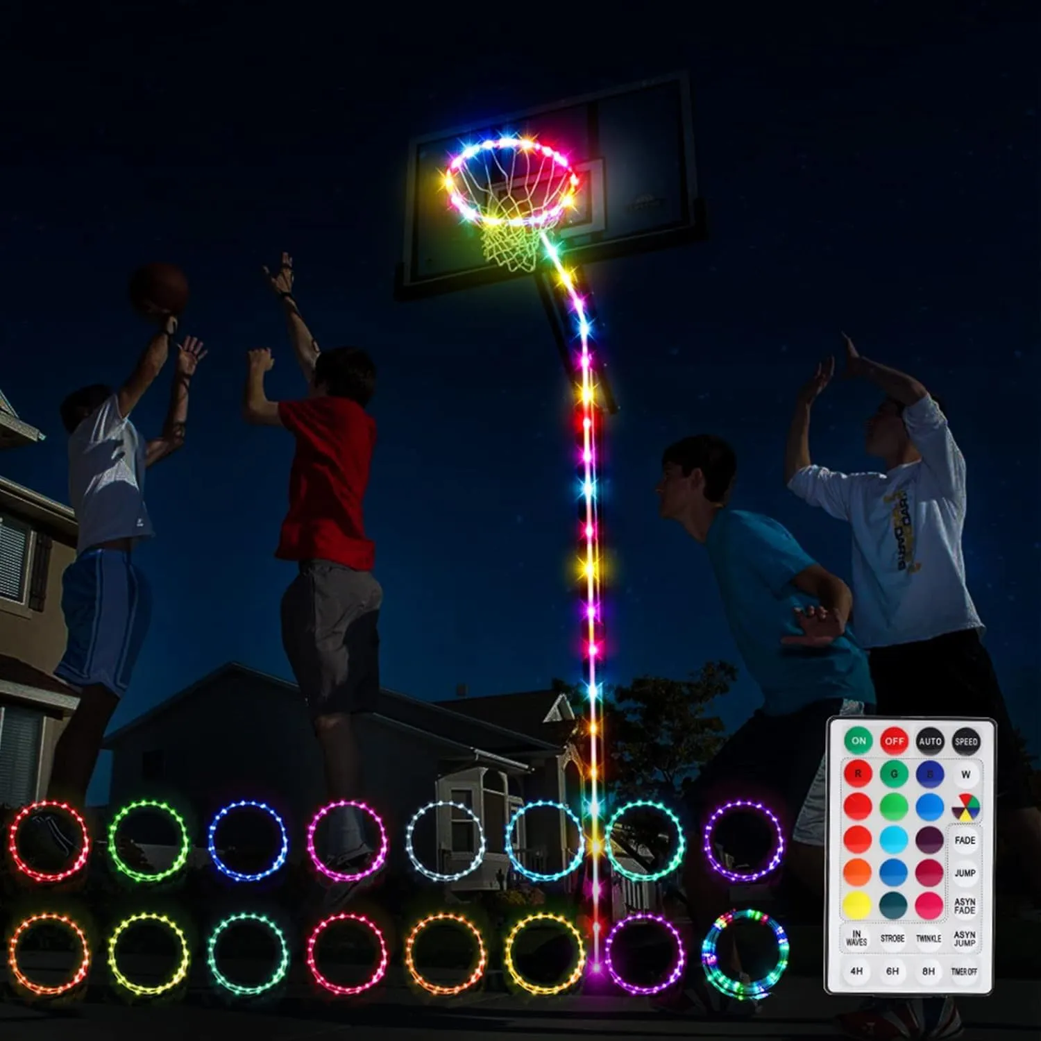 Basketball Hoop Lights Waterproof Remote Control Basketball Rim & Pole LED Light 16 Colors 7 Lighting Modes for Kids Basketball Gift - 2 Pack (14.7FT)