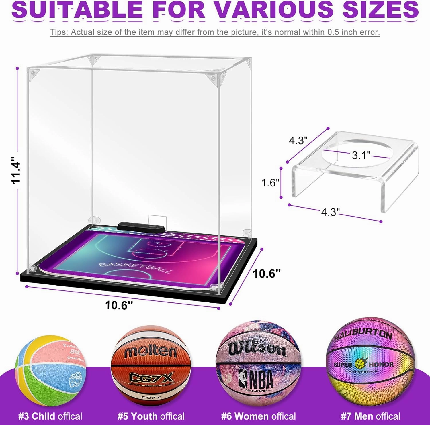 Basketball Display Case with RGB LED Pad UV Protected Acrylic Box Basketball Holder Full Size Thickened Display Case for Autographed Basketball Sport Collectibles (10.6*10.6*11.4 inch)