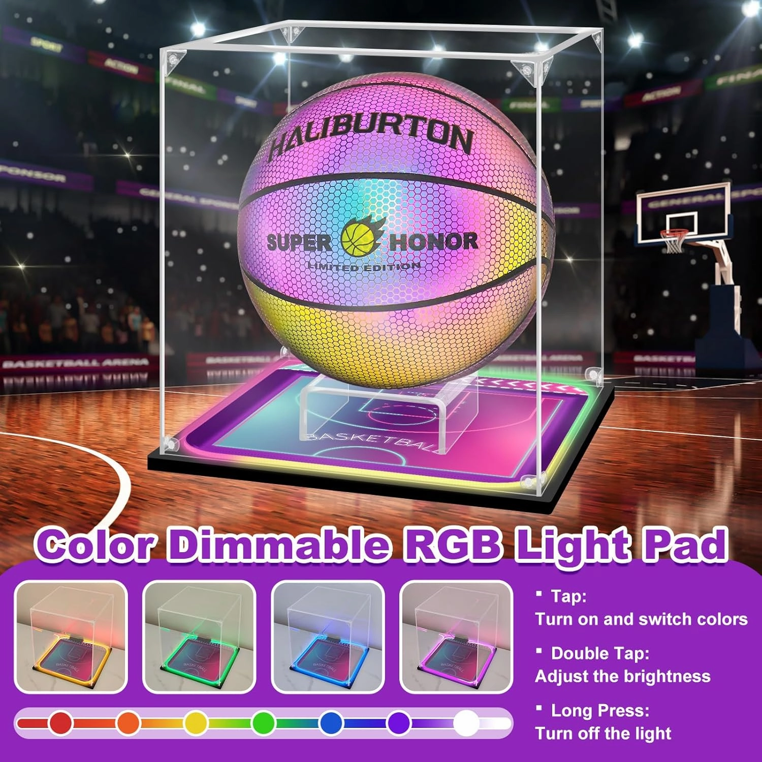 Basketball Display Case with RGB LED Pad UV Protected Acrylic Box Basketball Holder Full Size Thickened Display Case for Autographed Basketball Sport Collectibles (10.6*10.6*11.4 inch)