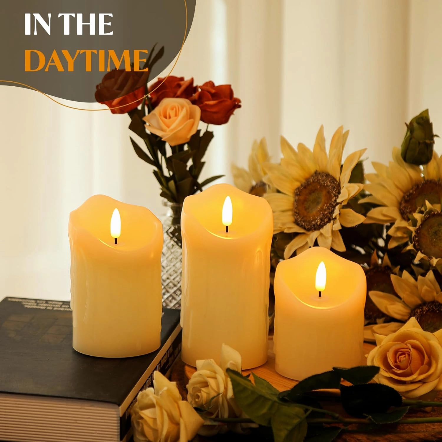 Battery Operated Drip Wax LED Flameless Candles with Remote and Timer, Pillar Real Wax Candles Flickering Wick for Festival Wedding Home Party Decor(Pack of 3)-Classic Ivory