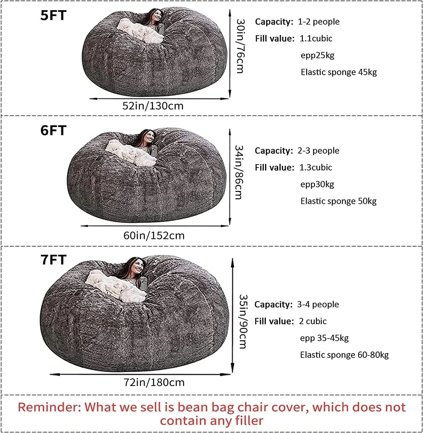 Bean Bag,Bean Bag Chair,Giant Fur Bean Bag Chair Cover Ultra Soft Bean Bag Bed for Adults Big Round Soft Fluffy Faux Fur Bean Bag Lazy Sofa Bed Cover, (No Filler, Cover only)(Liner,7FT)