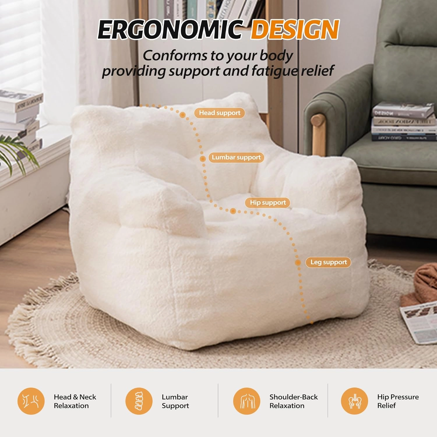 Bean Bag Chair for Adults Teddy Lounger with Armrests, Lazy Floor Sofa for Living Room, Bedroom, Ivory
