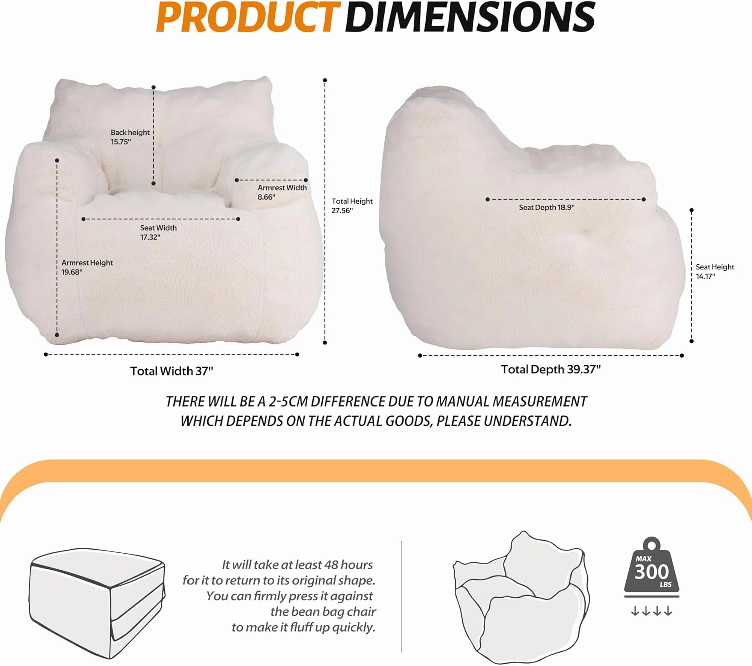 Bean Bag Chair for Adults Teddy Lounger with Armrests, Lazy Floor Sofa for Living Room, Bedroom, Ivory
