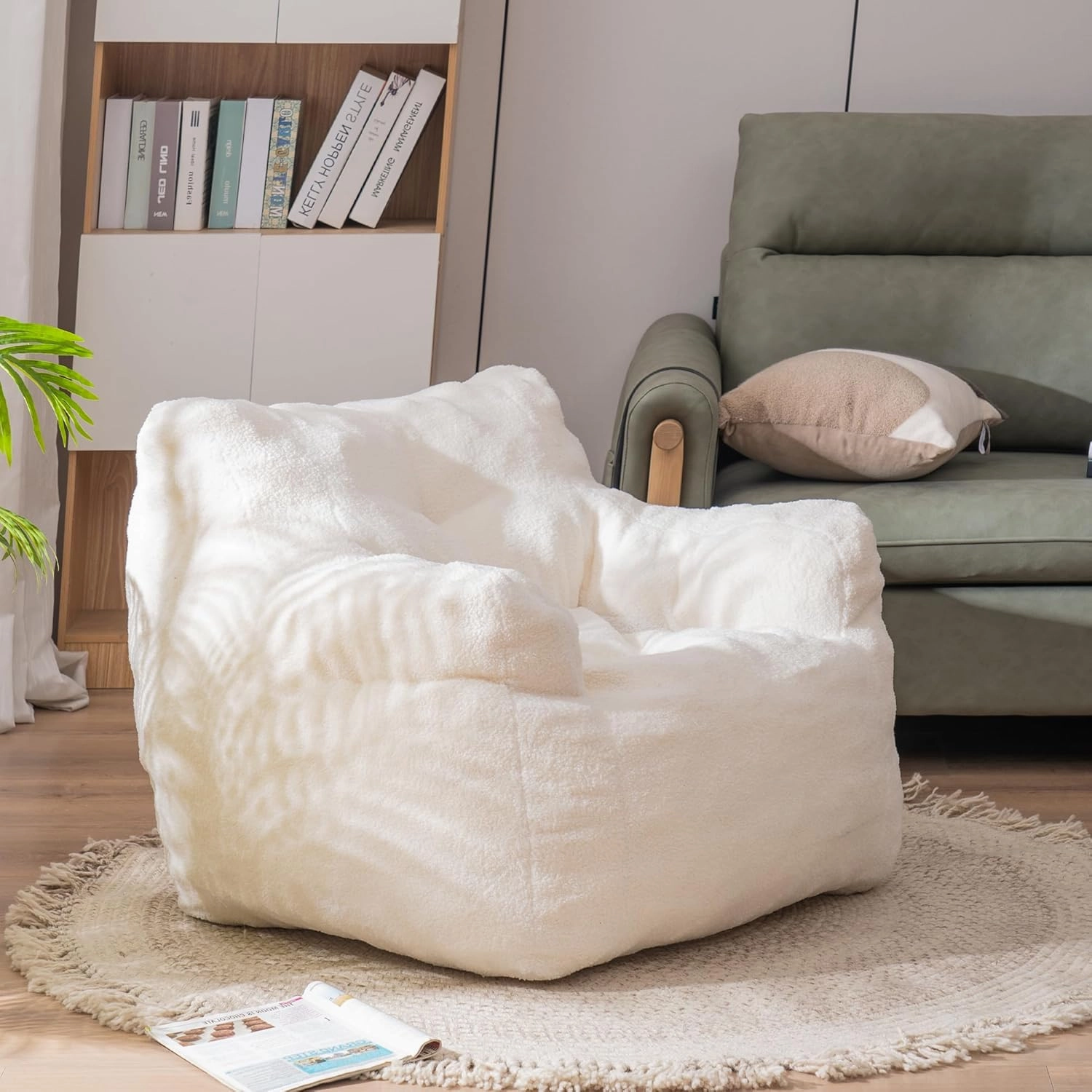 Bean Bag Chair for Adults Teddy Lounger with Armrests, Lazy Floor Sofa for Living Room, Bedroom, Ivory
