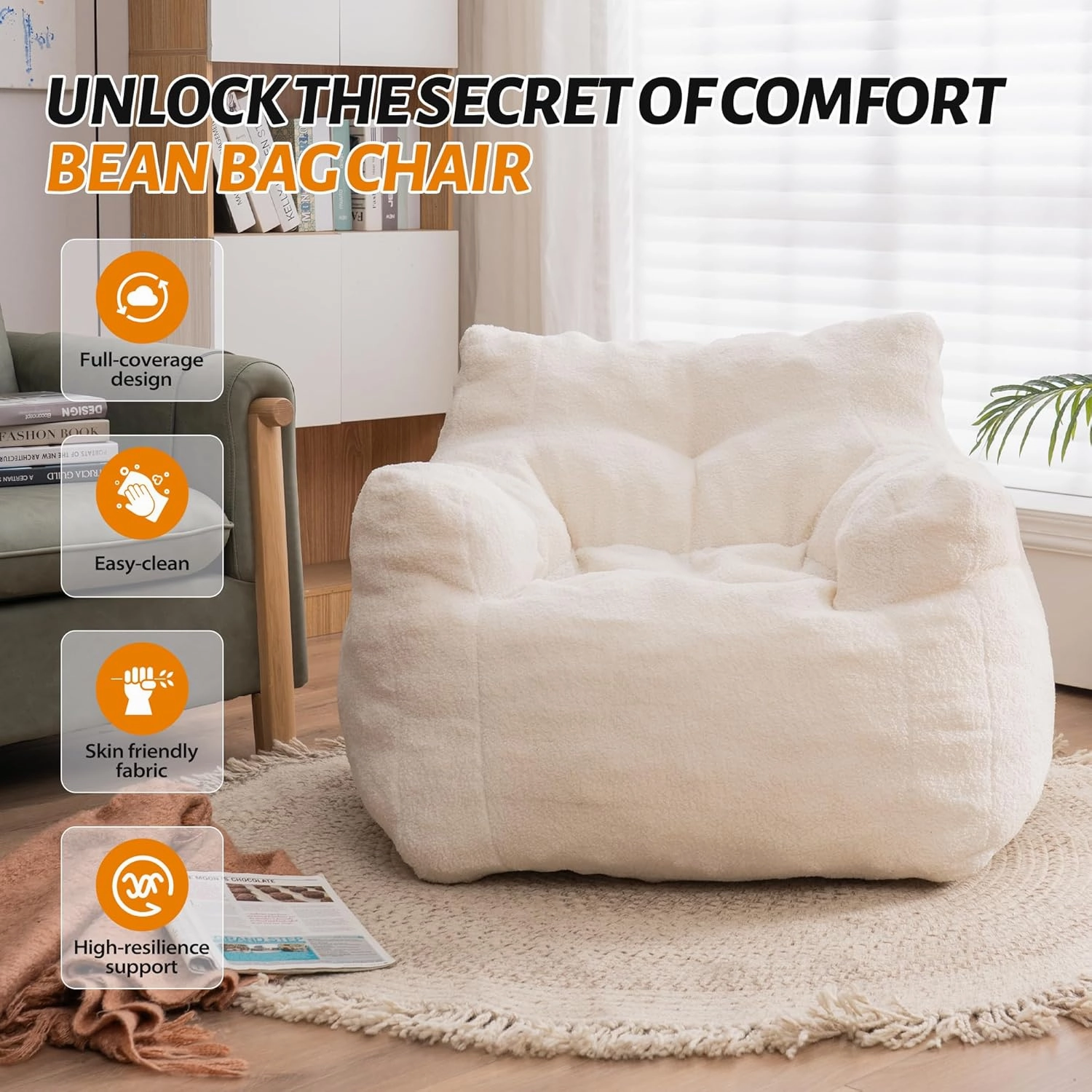 Bean Bag Chair for Adults Teddy Lounger with Armrests, Lazy Floor Sofa for Living Room, Bedroom, Ivory