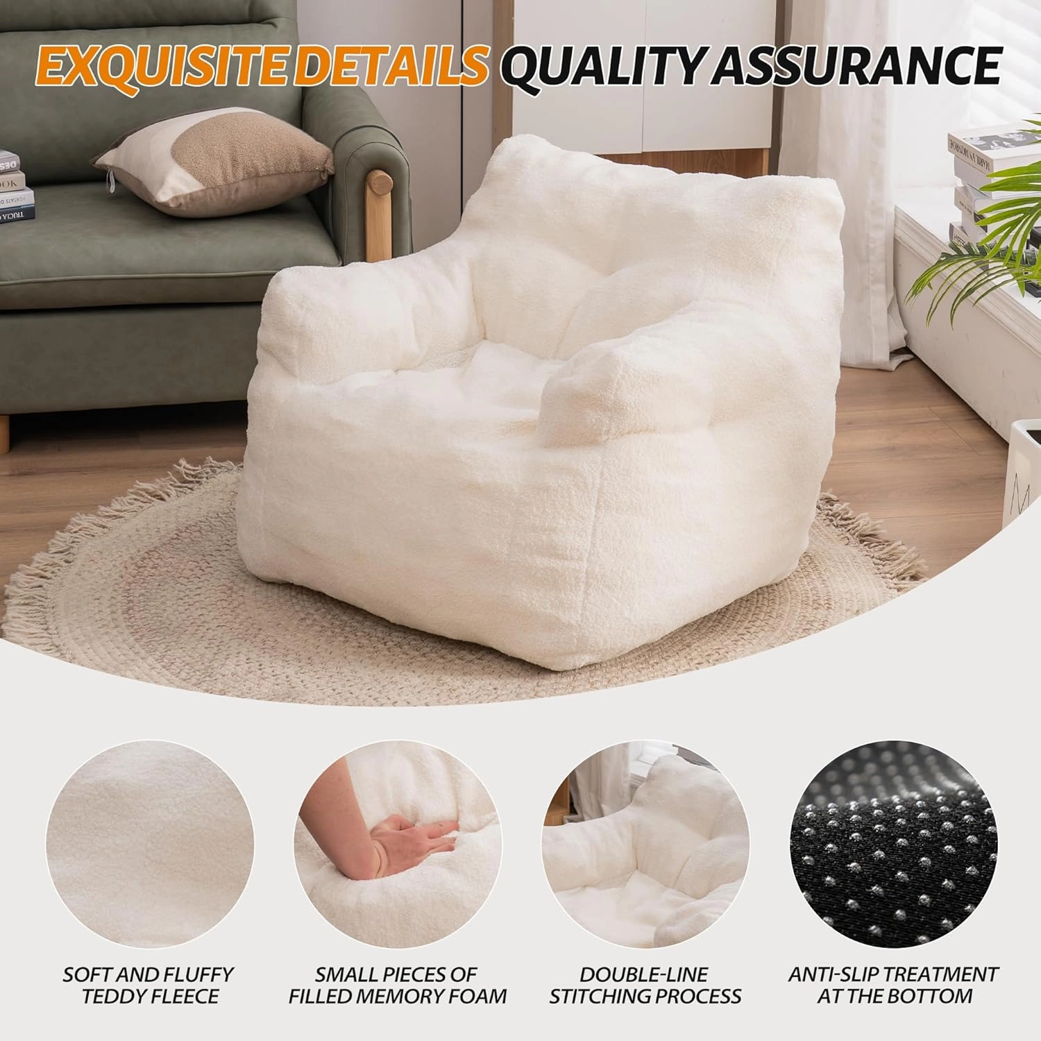 Bean Bag Chair for Adults Teddy Lounger with Armrests, Lazy Floor Sofa for Living Room, Bedroom, Ivory