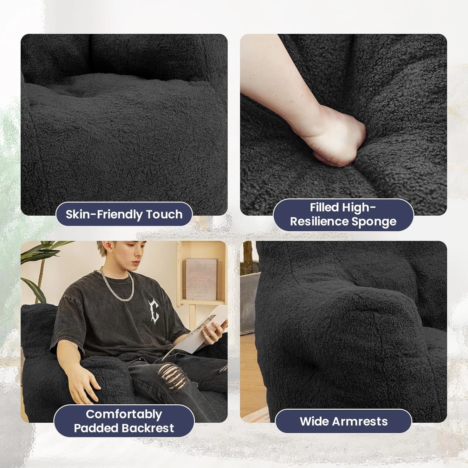 Bean Bag Chair with Filler, Bean Bag Sofa with Tufted Soft Stuffed Filling, Fluffy and Lazy Sofa, Comfy Cozy BeanBag Chairs with Memory Foam for Dorm, Apartment, Living Room (Black)