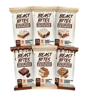 Beast Bites - Protein Infused Brownies - 21g Protein   4g Fiber Per Brownie - Soft, Chewy & Delicious - Low Sugar - Made in The USA - Variety Pack - 6 Flavors, 2 Each Per Pack - 12 Brownies Total