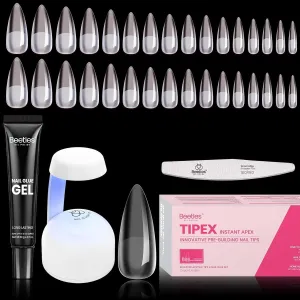Beetles Tipex Gel Nail Kit, Medium Stiletto Nail Tips 224 Pcs 16 Sizes Pre-Building Pre-Etched False Nail Tips with Tipex Nail Glue, Mini Nail Lamp Thick Acrylic Nail Set for Flat Nails