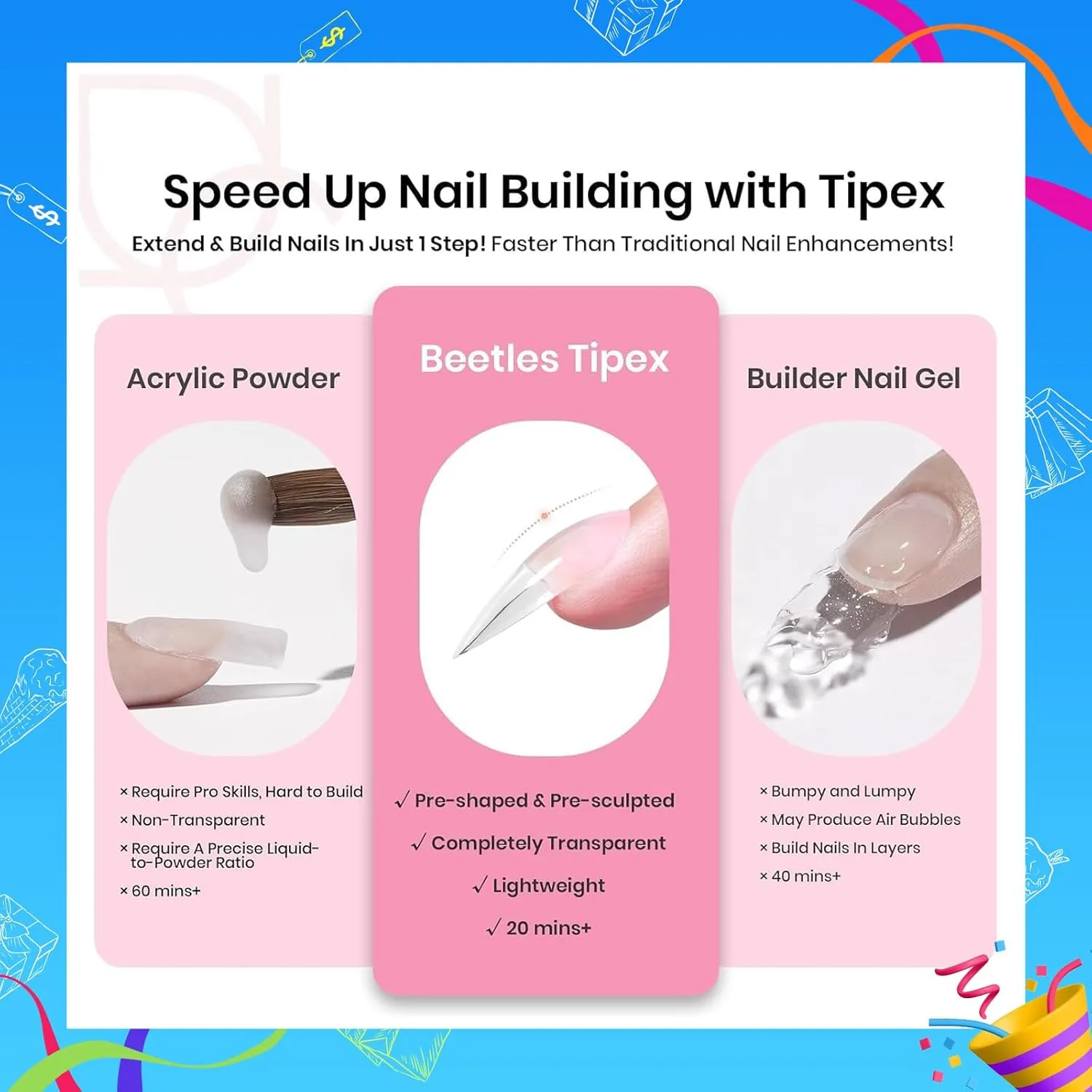 Beetles Tipex Gel Nail Kit, Medium Stiletto Nail Tips 224 Pcs 16 Sizes Pre-Building Pre-Etched False Nail Tips with Tipex Nail Glue, Mini Nail Lamp Thick Acrylic Nail Set for Flat Nails