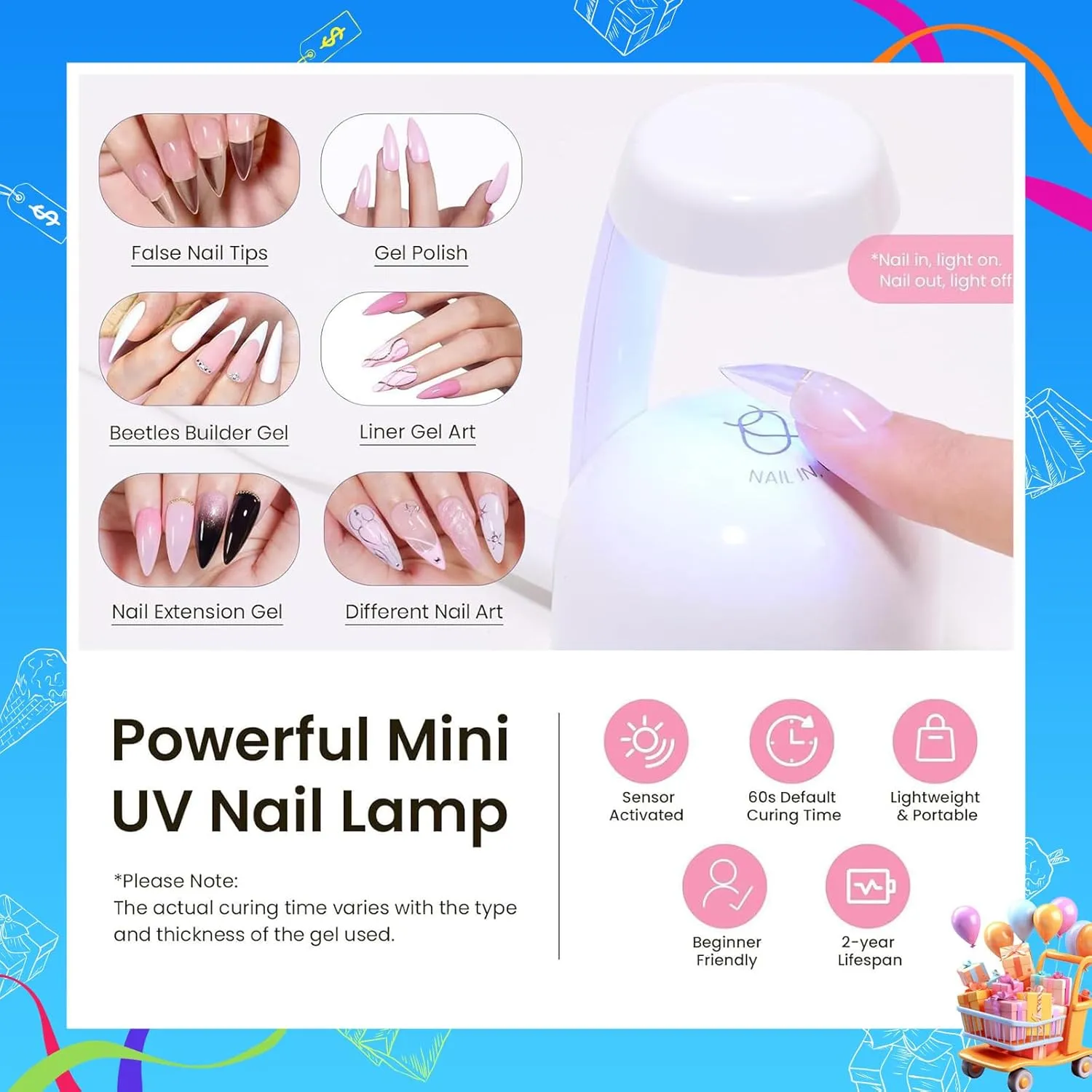 Beetles Tipex Gel Nail Kit, Medium Stiletto Nail Tips 224 Pcs 16 Sizes Pre-Building Pre-Etched False Nail Tips with Tipex Nail Glue, Mini Nail Lamp Thick Acrylic Nail Set for Flat Nails