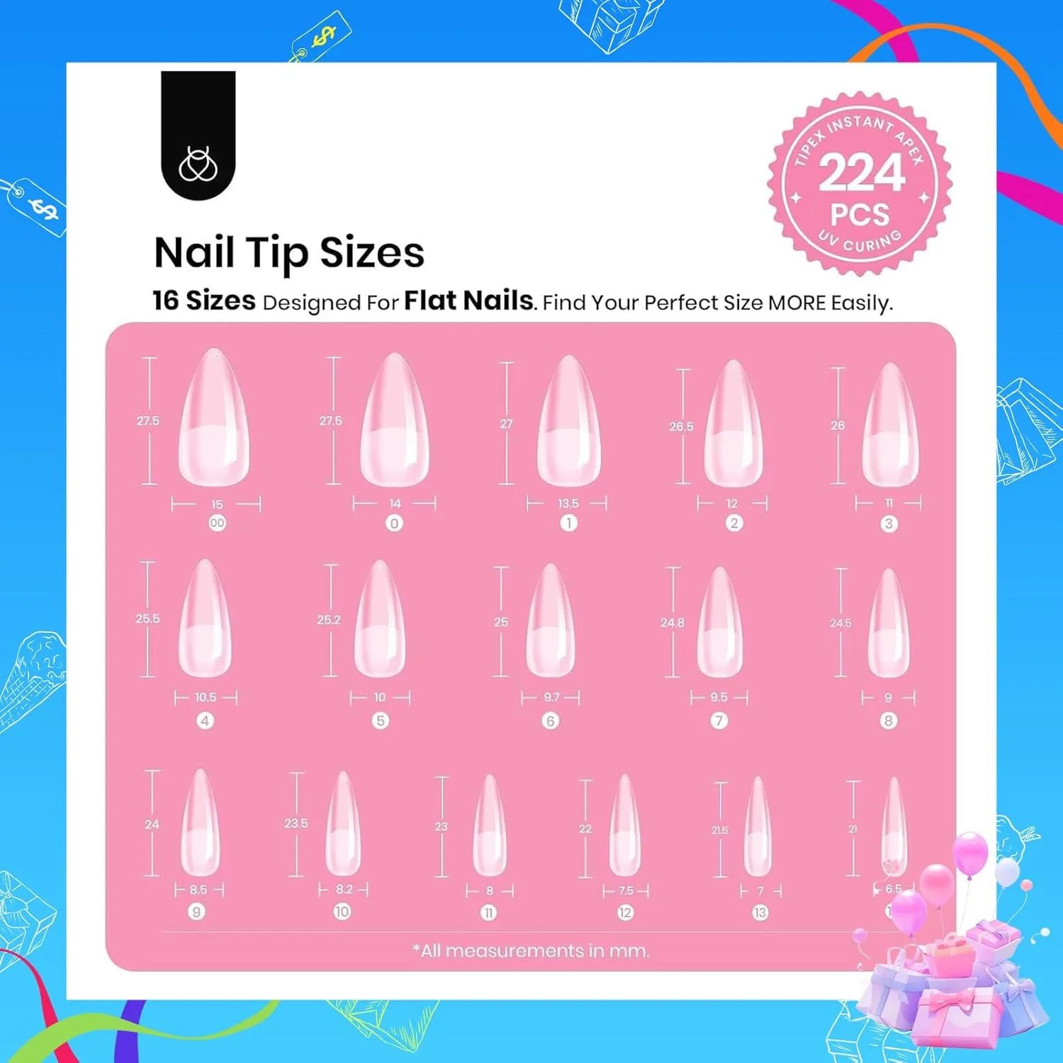 Beetles Tipex Gel Nail Kit, Medium Stiletto Nail Tips 224 Pcs 16 Sizes Pre-Building Pre-Etched False Nail Tips with Tipex Nail Glue, Mini Nail Lamp Thick Acrylic Nail Set for Flat Nails