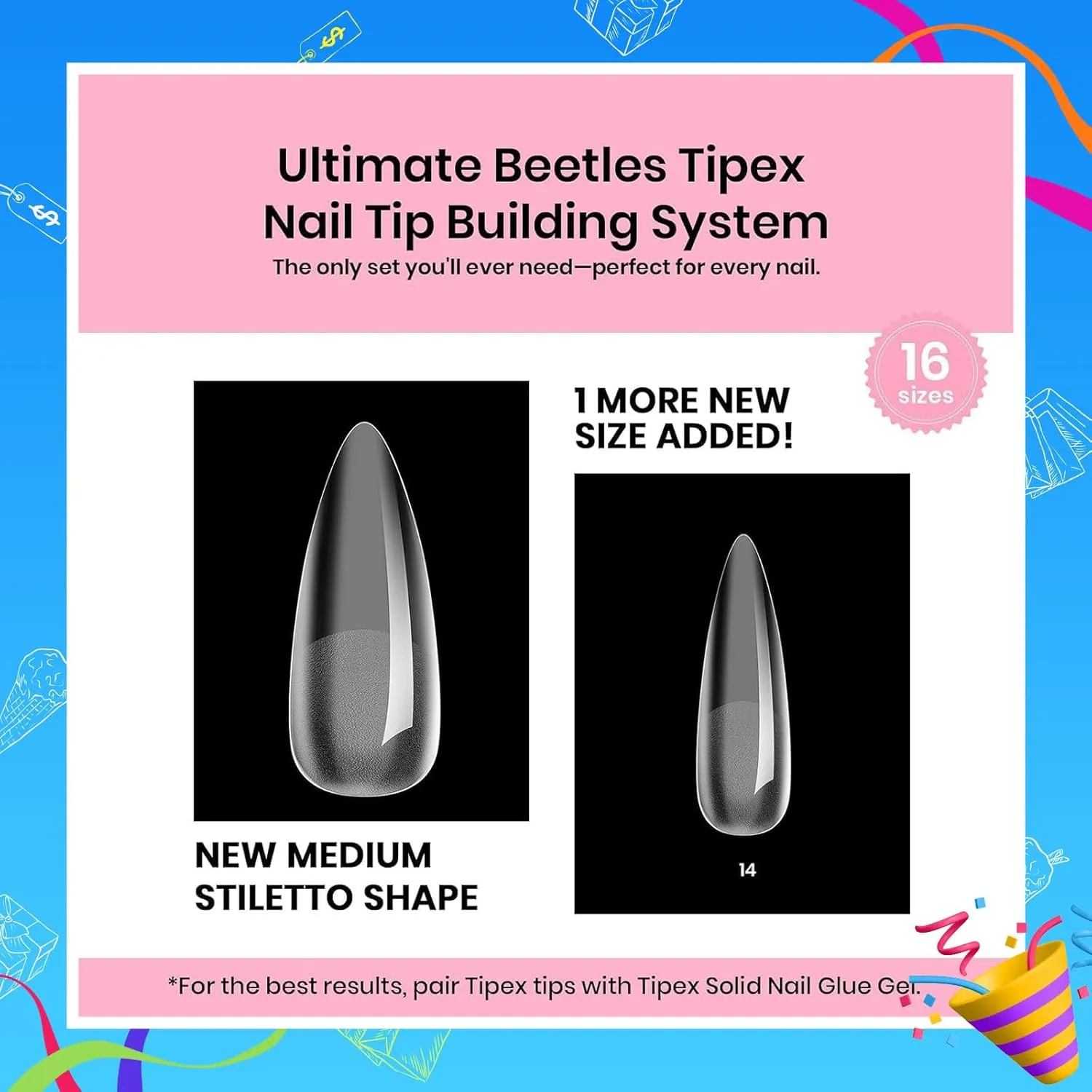 Beetles Tipex Gel Nail Kit, Medium Stiletto Nail Tips 224 Pcs 16 Sizes Pre-Building Pre-Etched False Nail Tips with Tipex Nail Glue, Mini Nail Lamp Thick Acrylic Nail Set for Flat Nails