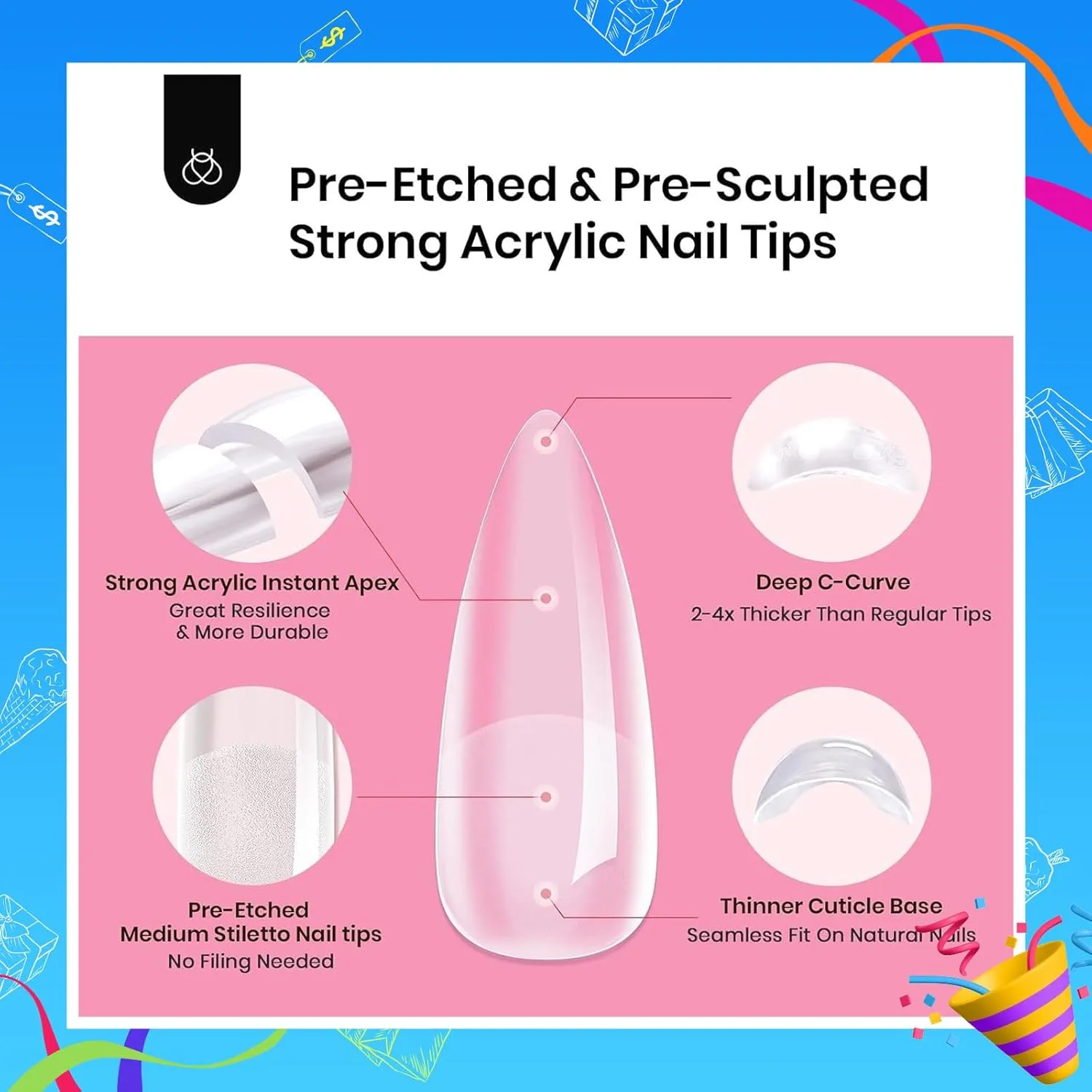 Beetles Tipex Gel Nail Kit, Medium Stiletto Nail Tips 224 Pcs 16 Sizes Pre-Building Pre-Etched False Nail Tips with Tipex Nail Glue, Mini Nail Lamp Thick Acrylic Nail Set for Flat Nails