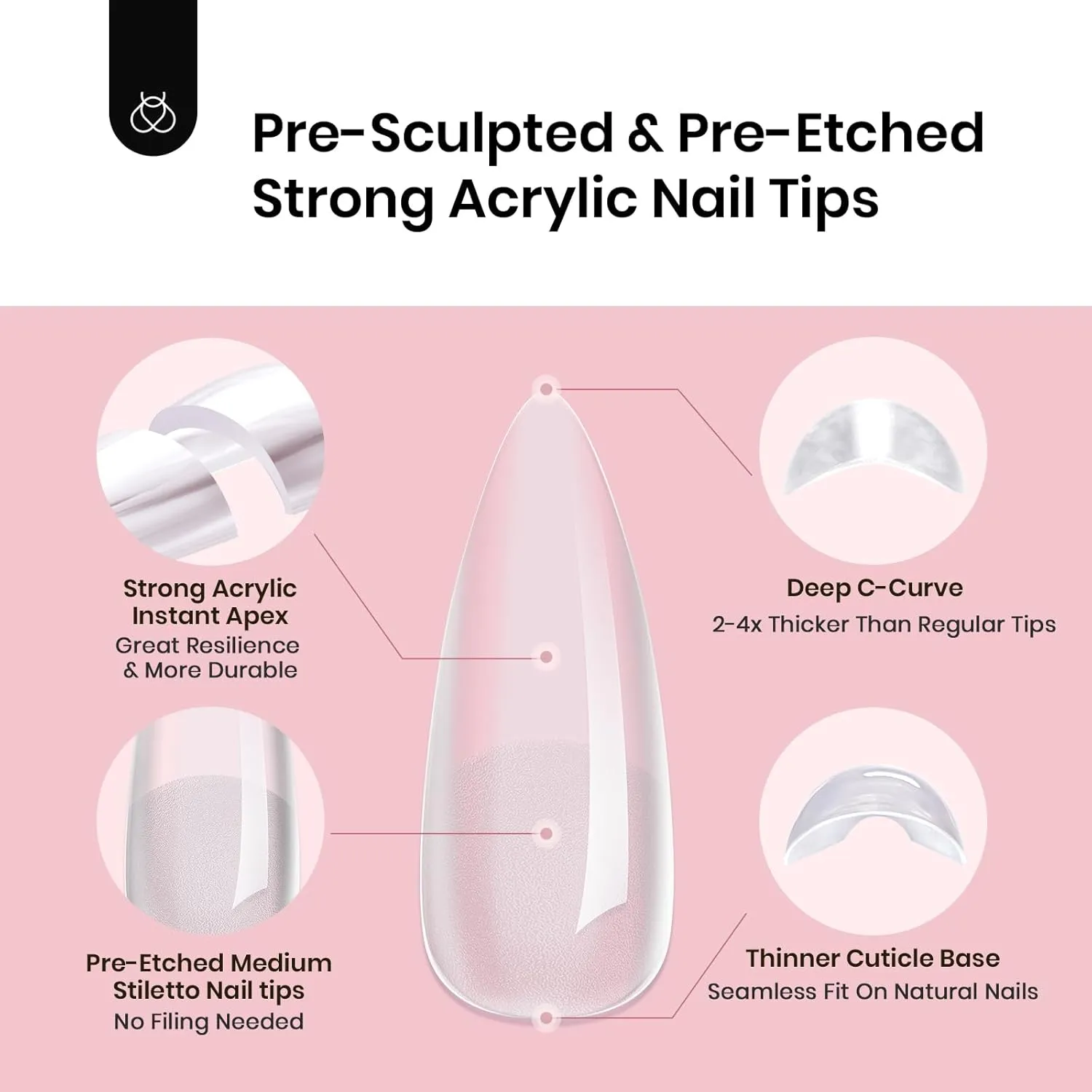 Beetles Tipex Instant Apex Nail Tips 512 Pieces Medium Stiletto Pre-Building and Pre-Etched Strong Thick Acrylic Fake Nails 16 Sizes for Flat Nails Press on Nails for Women