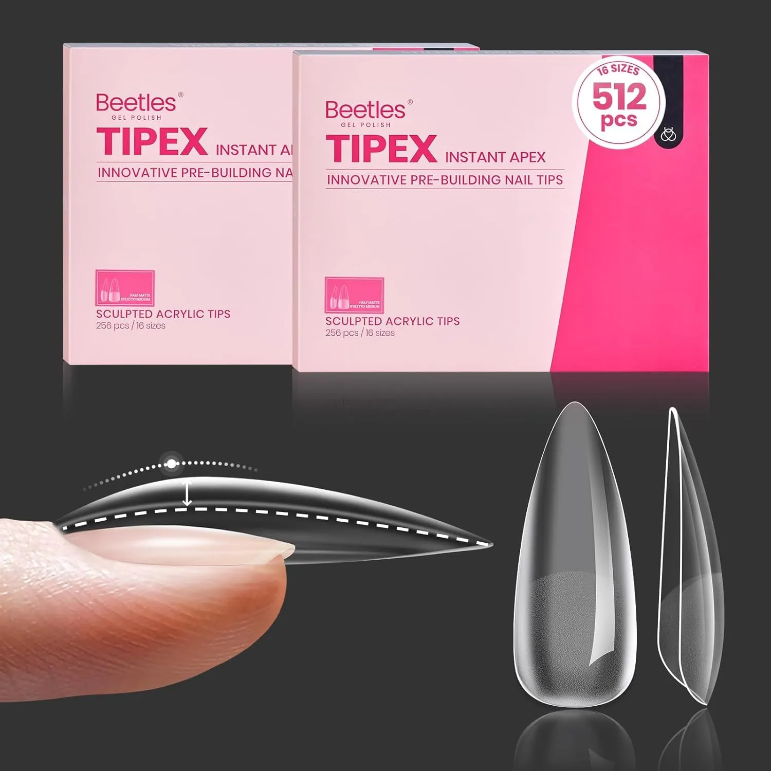 Beetles Tipex Instant Apex Nail Tips 512 Pieces Medium Stiletto Pre-Building and Pre-Etched Strong Thick Acrylic Fake Nails 16 Sizes for Flat Nails Press on Nails for Women