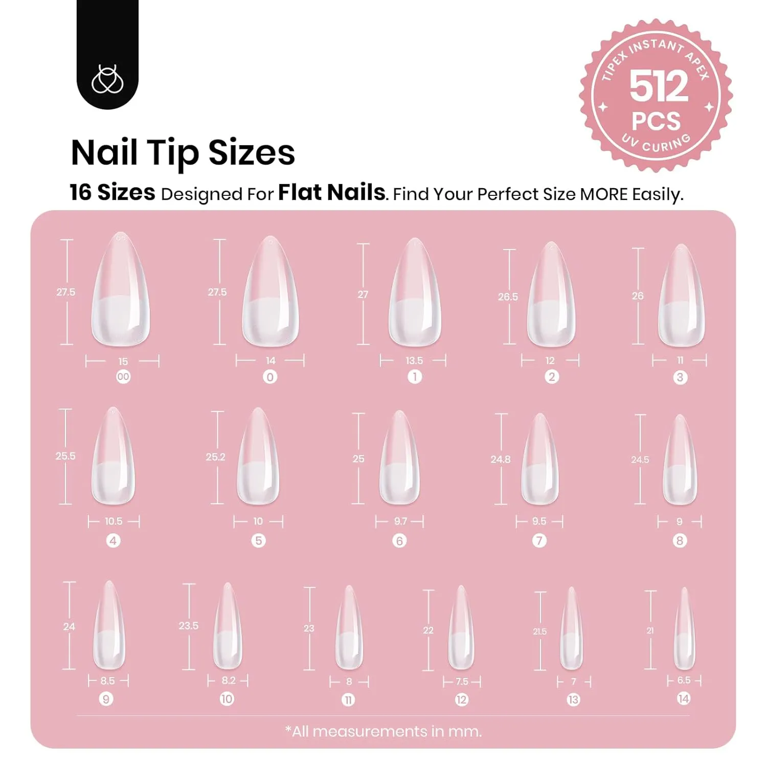 Beetles Tipex Instant Apex Nail Tips 512 Pieces Medium Stiletto Pre-Building and Pre-Etched Strong Thick Acrylic Fake Nails 16 Sizes for Flat Nails Press on Nails for Women