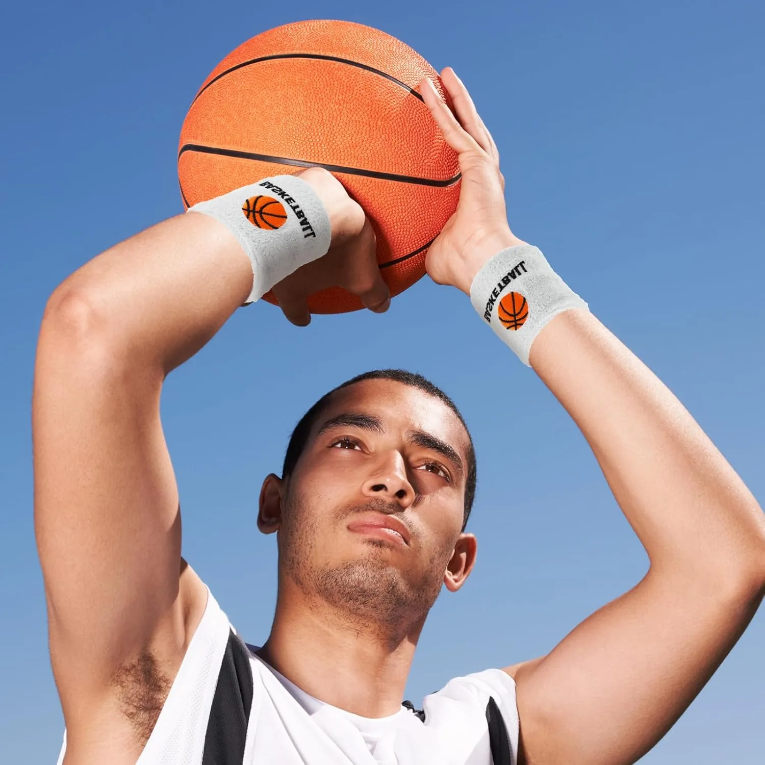 Bememo 24 Pcs Sweatbands Sports Basketball Wristbands for Men Women Cotton Terry Cloth Wristbands Basketball Design Wrist Band Sweat Band for School Students Sports Competition Party Favors