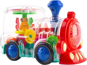 Berry President Transparent Electric Gear Train Toy with Flashing Lights and Music, Battery Operated Bump Go Toys (Dark Blue)