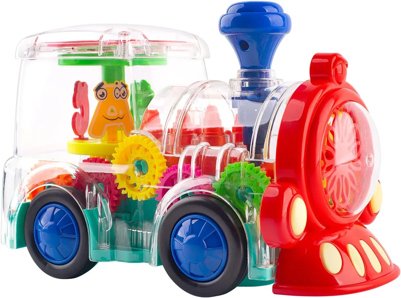 Berry President Transparent Electric Gear Train Toy with Flashing Lights and Music, Battery Operated Bump Go Toys (Dark Blue)