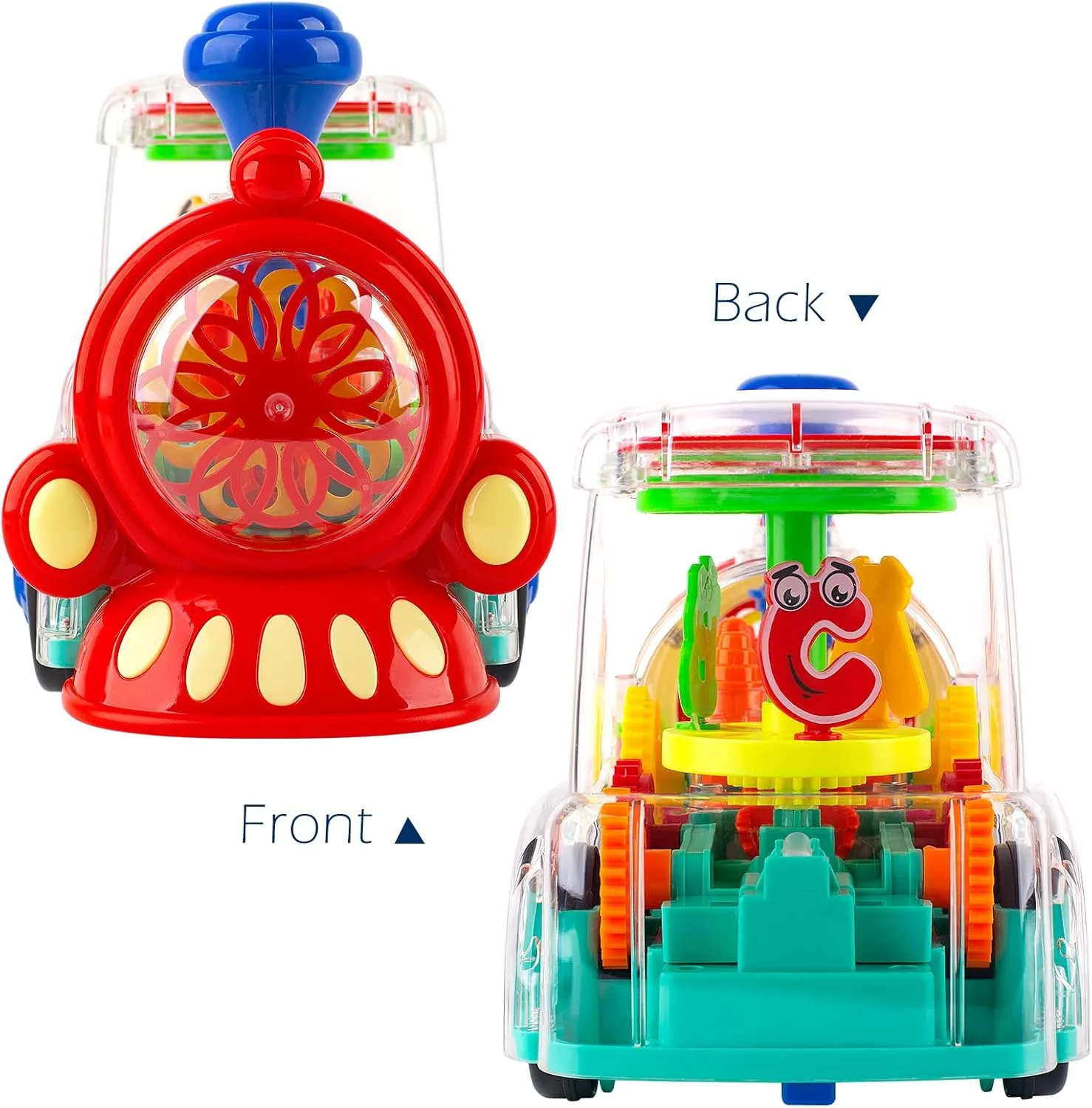 Berry President Transparent Electric Gear Train Toy with Flashing Lights and Music, Battery Operated Bump Go Toys (Dark Blue)
