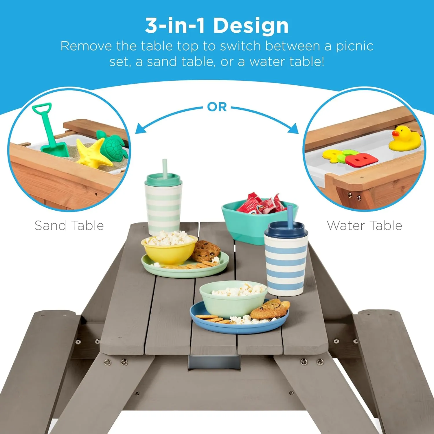 Best Choice Products Kids 3-in-1 Sand & Water Table, Wood Outdoor Convertible Picnic Table w/Umbrella, 2 Trays, Removable Top, 220lb Capacity Per Bench - Gray/Navy