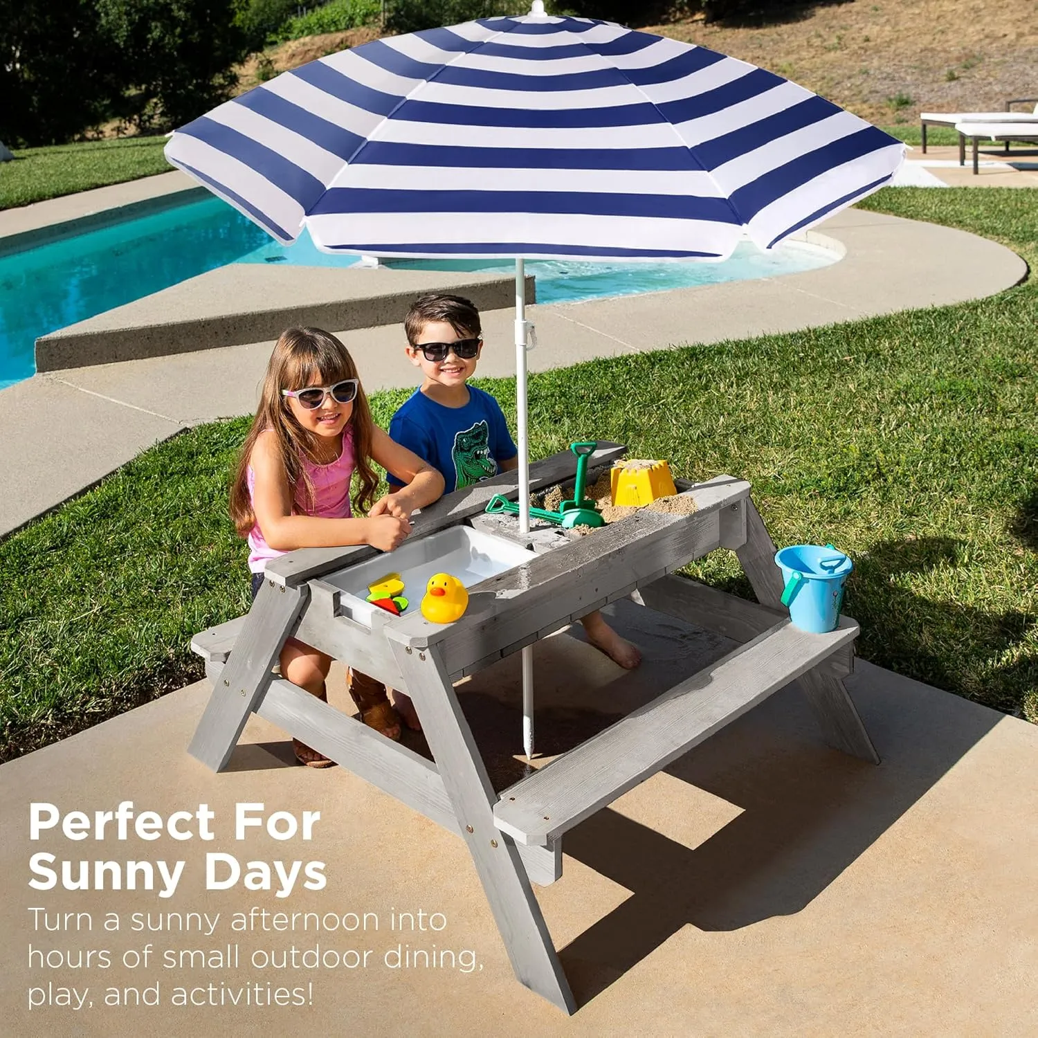 Best Choice Products Kids 3-in-1 Sand & Water Table, Wood Outdoor Convertible Picnic Table w/Umbrella, 2 Trays, Removable Top, 220lb Capacity Per Bench - Gray/Navy