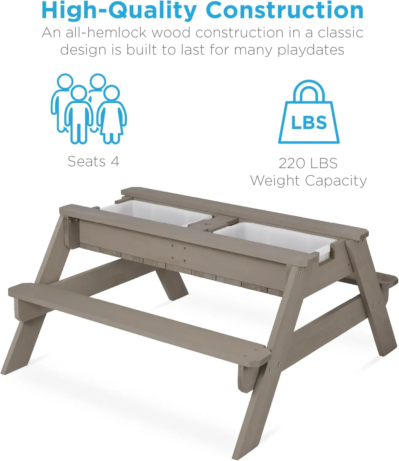 Best Choice Products Kids 3-in-1 Sand & Water Table, Wood Outdoor Convertible Picnic Table w/Umbrella, 2 Trays, Removable Top, 220lb Capacity Per Bench - Gray/Navy