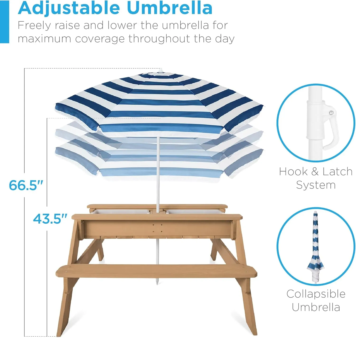Best Choice Products Kids 3-in-1 Sand & Water Table, Wood Outdoor Convertible Picnic Table w/Umbrella, 2 Trays, Removable Top, 220lb Capacity Per Bench - Navy